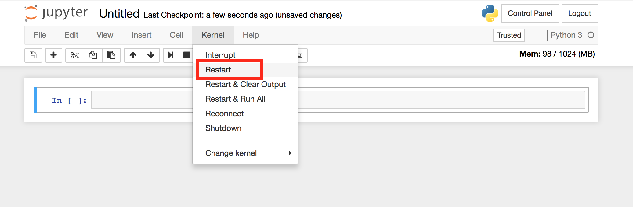 Restart a kernel in notebook