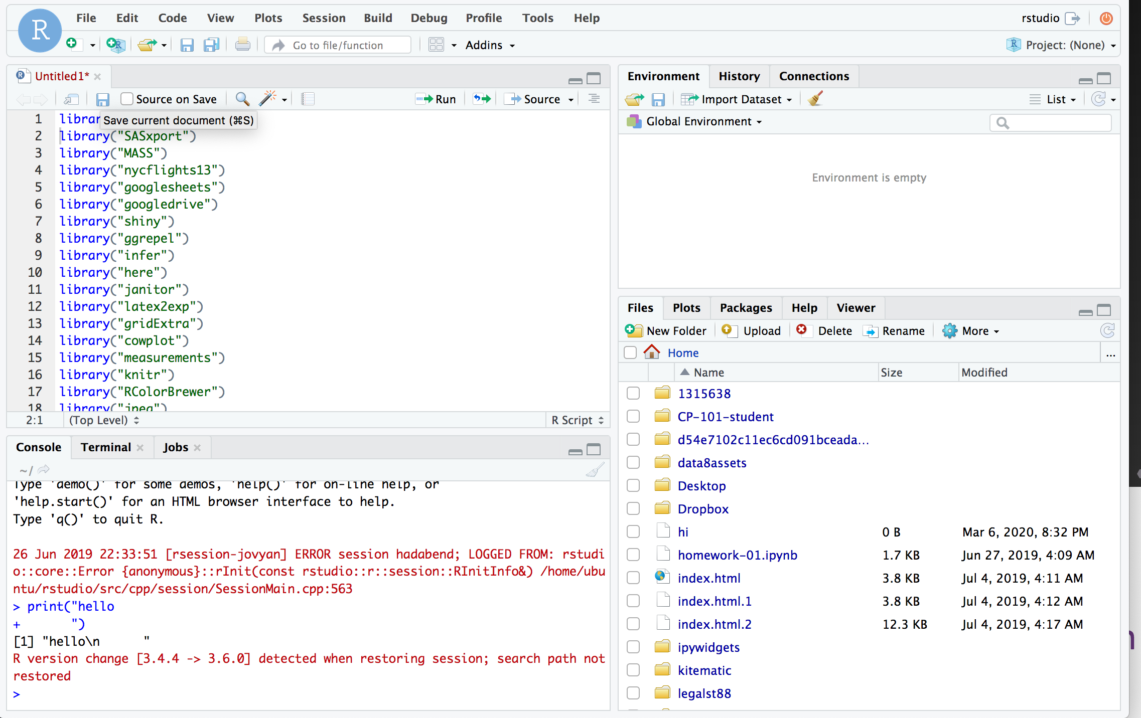 Example of running RStudio on DataHub